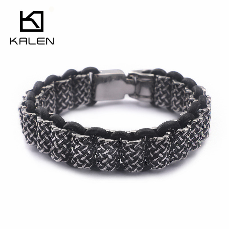Men Accessories Bd - KALEN-빈티지 블랙 가죽 링크 팔찌, 남자