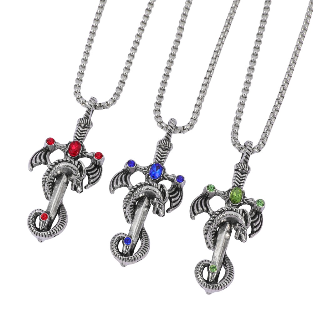 Men Accessories Necklace - 남성용 레트로 멀티컬러 젬 드래곤 소드