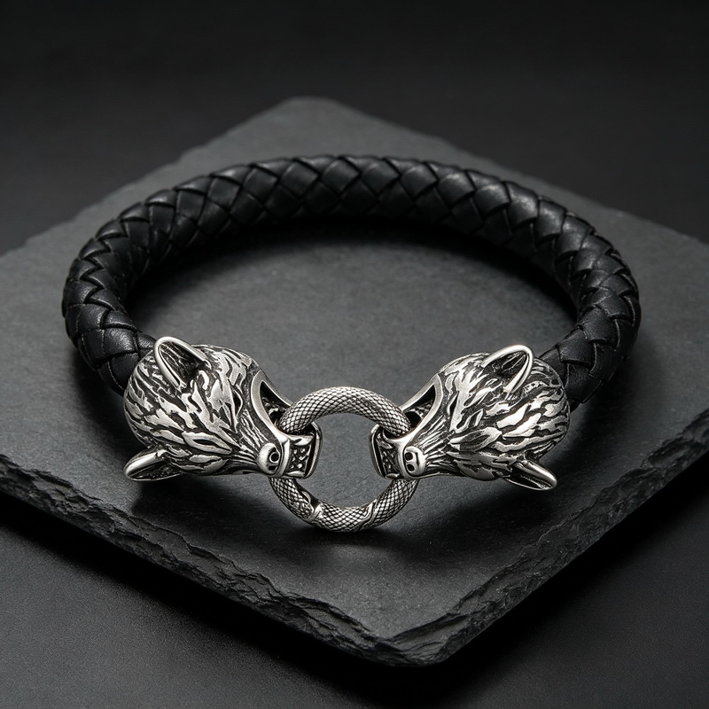 칼렌 스테인레스 스틸 바이킹 늑대 머리 땋은 가죽 팔찌 - Men Accessories Bd 리뷰 및 가격